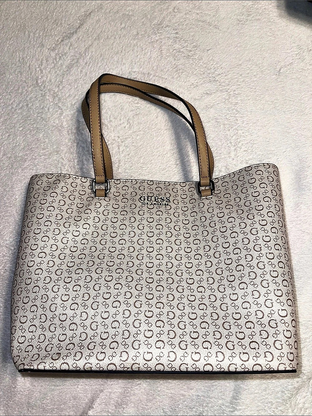 Guess Logo Print Tote in Cream & Brown